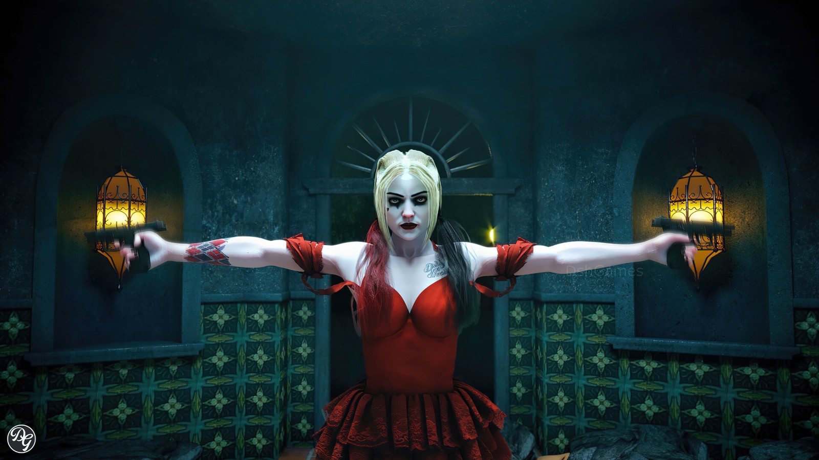 Eine frau in einem roten kleid, die in einem raum mit licht steht (harley quinn, kunst, die suicide squad, film, 2021)