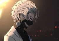 Ken Kaneki de Tokyo Ghoul : Une illustration frappante mettant en avant sa dualité avec un masque et une expression troublante sur un fond d'ambiance.