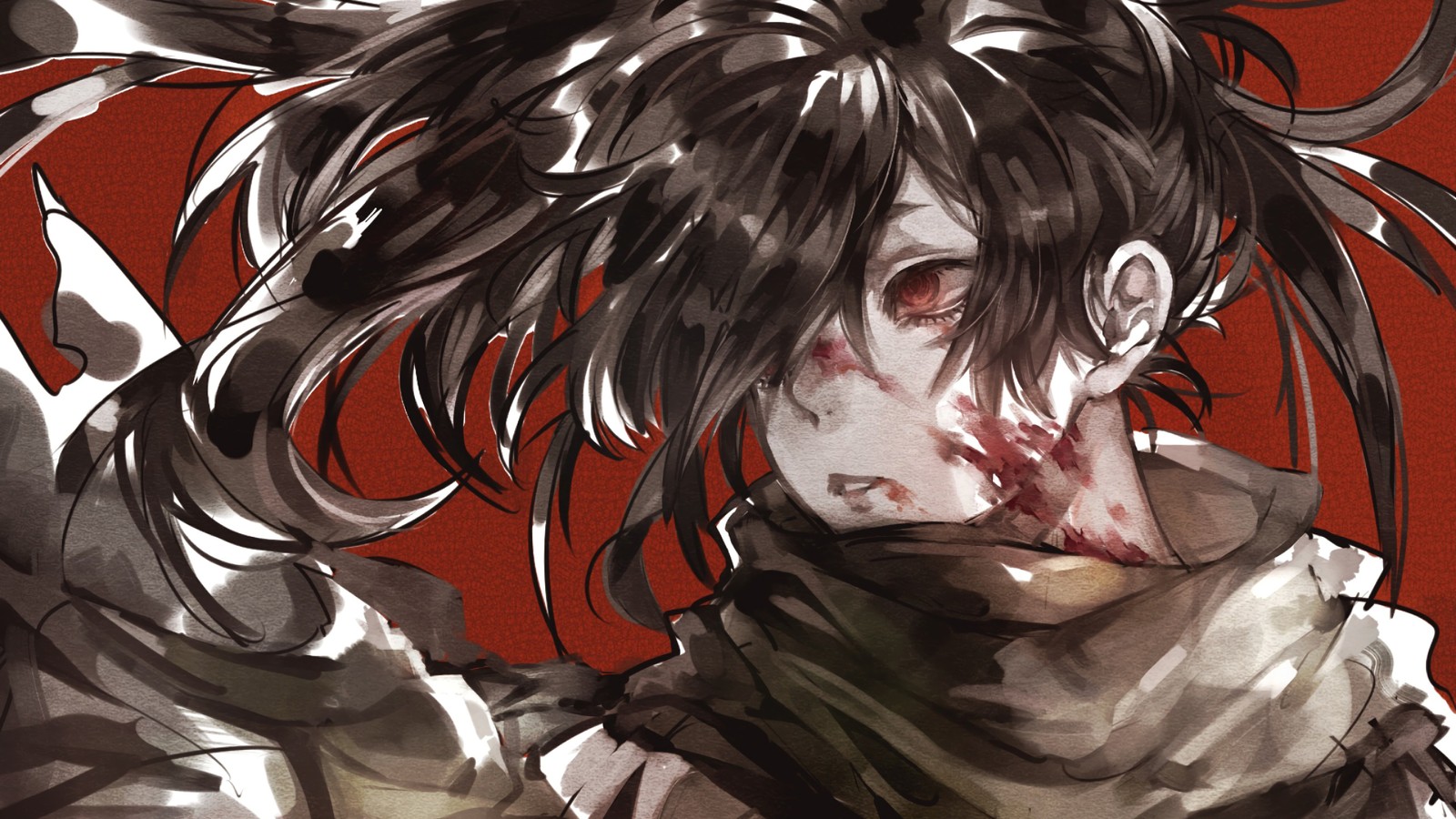 Nahaufnahme einer person mit einem blutigen gesicht und einem messer (hyakkimaru, dororo anime, anime)