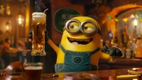 A cheerful Minion raising a large glass of beer in a lively bar setting.