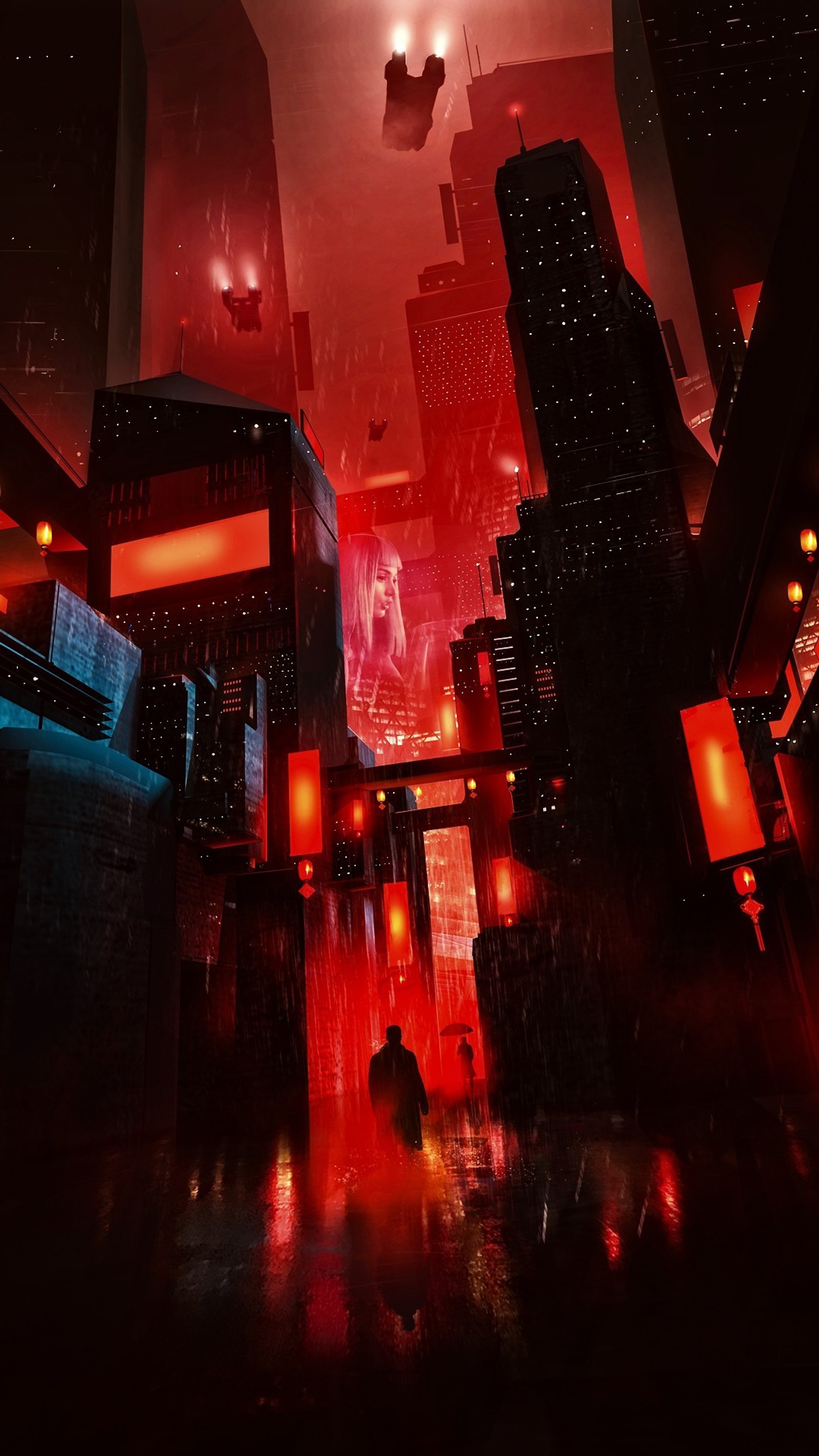 Futuristische stadt mit einem mann, der in der mitte der straße geht (plakat, science fiction, cyberpunk, kunst, design)