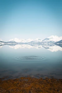 Serene Reflexion der schneebedeckten Berge auf der ruhigen Wasseroberfläche des Sees