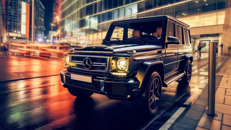 Mercedes g-класса припаркован на городской улице ночью (мерседес бенц amg g 63, mercedes benz amg g 63, городская ночь, g wagon, городской)