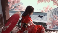 Gelassenes Anime-Mädchen im Kimono, umgeben von Kirschblüten