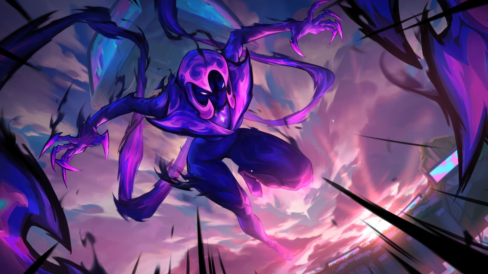 A purple and black spider with a long tail flying through the air (soul fighter, evelynn, lol, league of legends, video game)