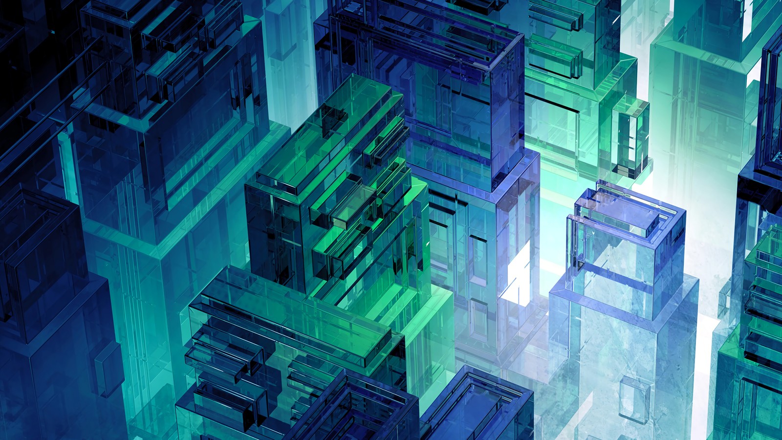 A close up of a bunch of cubes in a room (abstract, colorful, digital art)