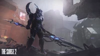 Un personnage armé redoutable manie une lance lumineuse au milieu d'un paysage urbain dystopique, incarnant l'atmosphère intense de "The Surge 2".