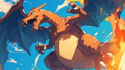 Charizard s'envole avec une puissance ardente dans un style anime vibrant