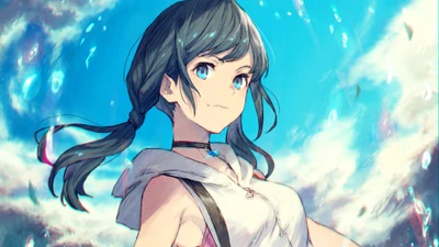 Hina Amano de "Les enfants du temps" contre un ciel lumineux