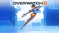 Lena Oxton (Tracer) em uma pose de ação dinâmica de Overwatch 2, contra um fundo futurista vibrante.