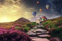 deer, hot air balloons, sunrise, landscape, stone staircase wallpaper