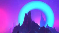 Neon Landscape: Ethereal Mountains Under a Radiant Arch