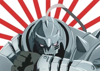 Alphonse Elric em armadura prateada contra um fundo de explosão solar vermelha e branca