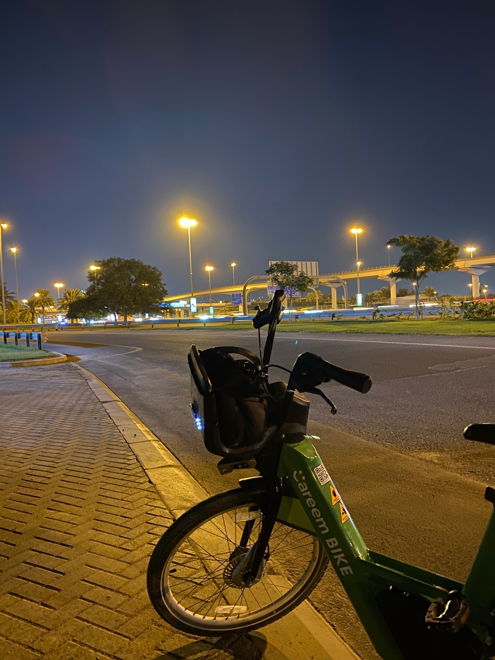 Há uma bicicleta estacionada ao lado da estrada (ciclismo, bicicleta, pneu, pneu de bicicleta, iluminação)