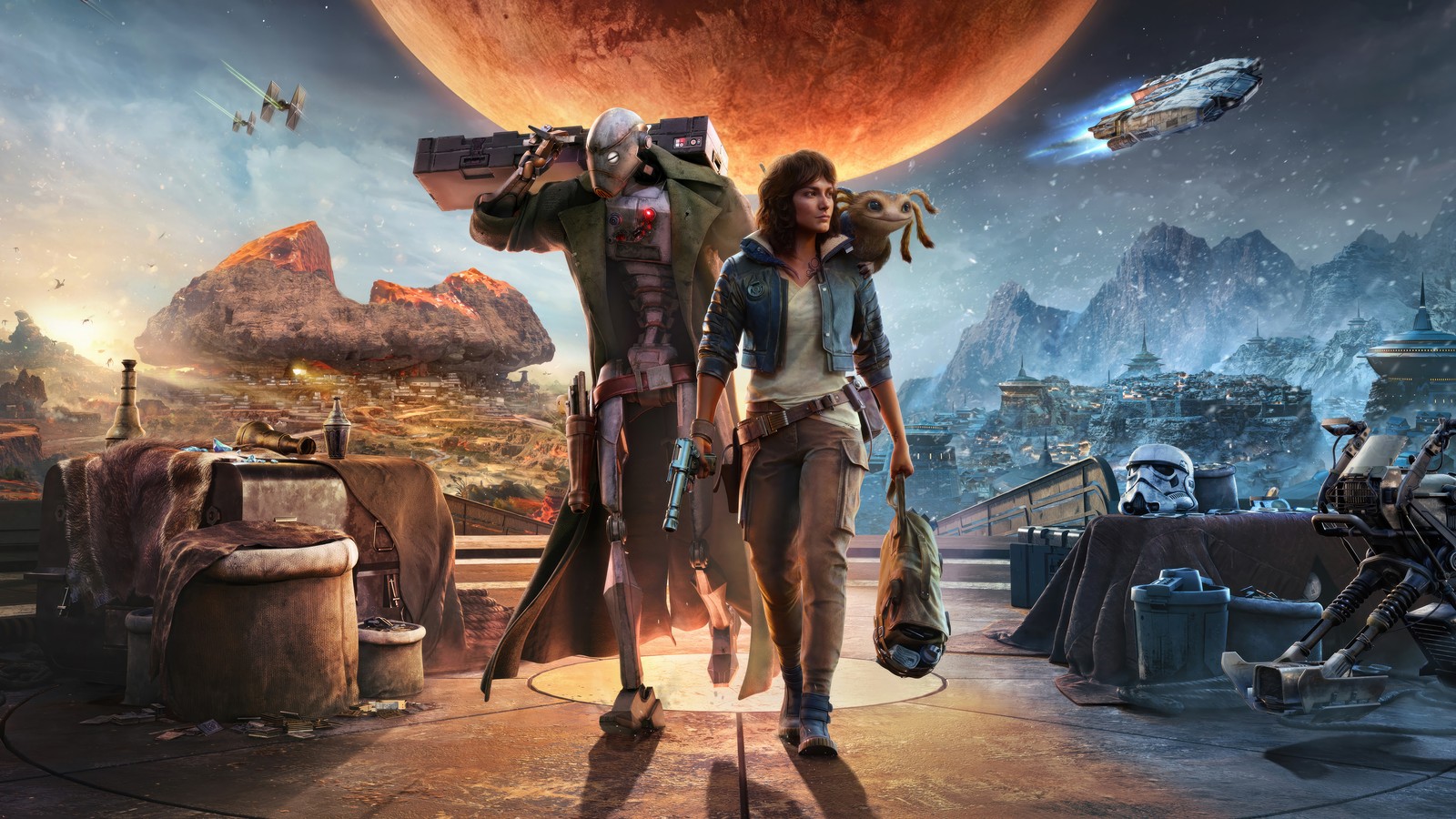 A couple of people standing in front of a giant planet (star wars outlaws, video game, star wars, kay vess, nix)