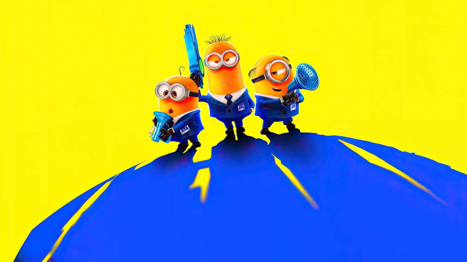 Minions are standing on top of a globe with a microphone (despicable me 4, minions, 2024 movies, animation movies, movies)