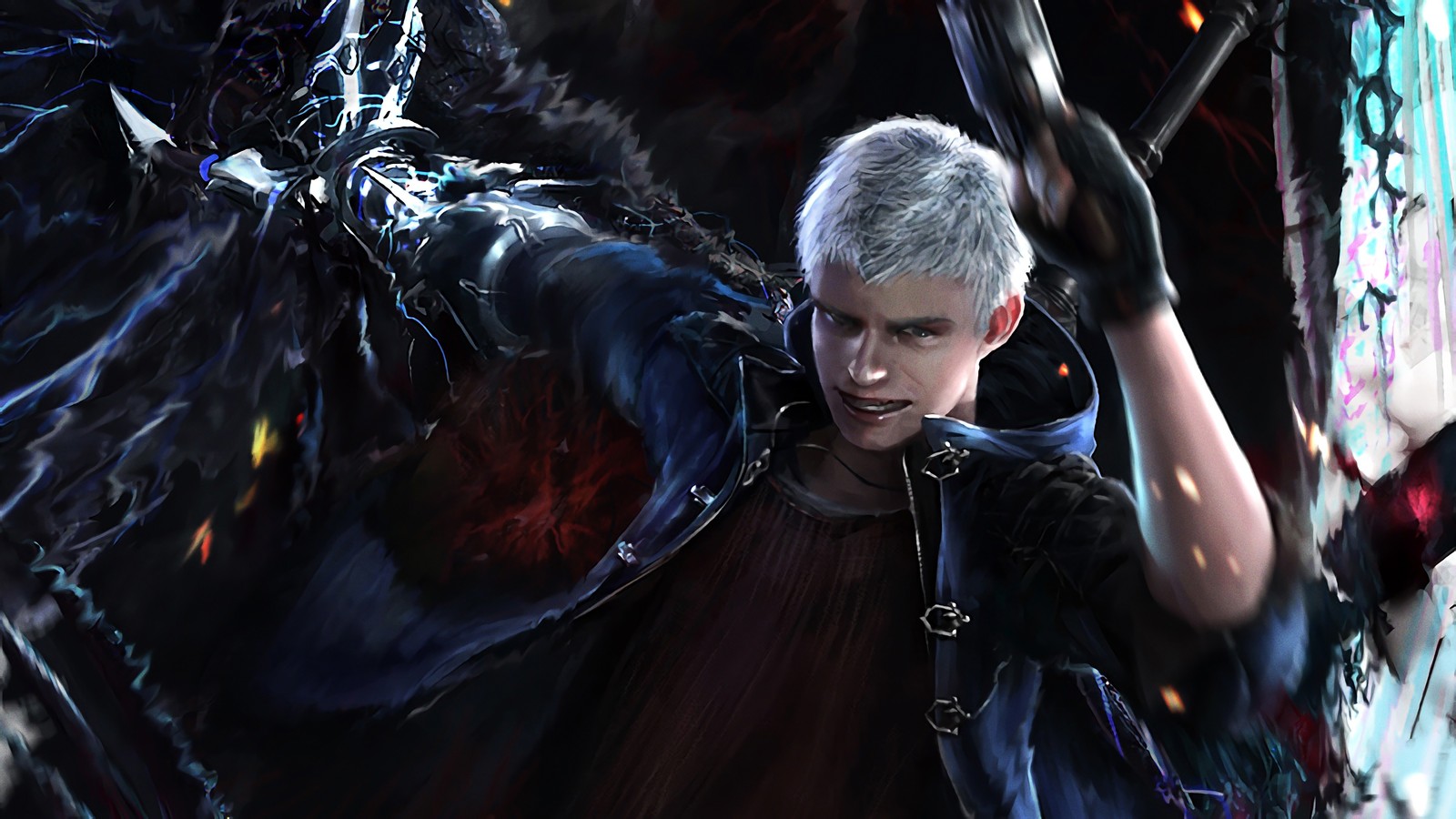 Un primer plano de una persona con una espada junto a un demonio (nero, devil may cry 5, videojuego)