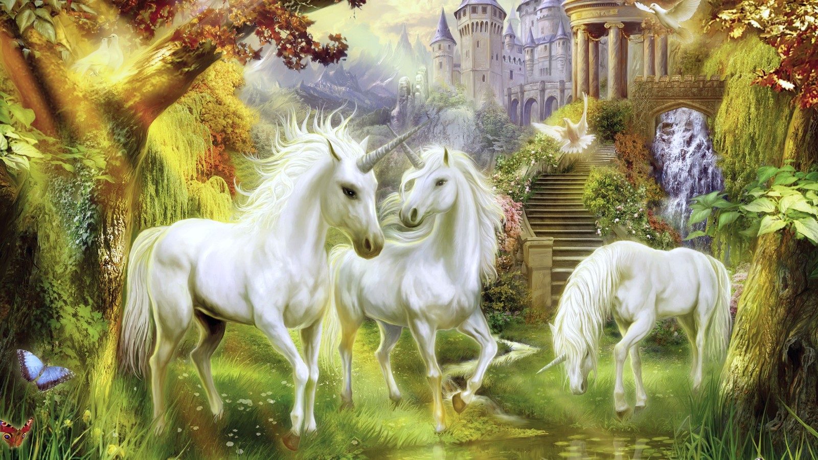 Tres caballos blancos caminan a través de un bosque con un castillo de fondo (unicornio, pintura, paisaje natural, caballo, melena)