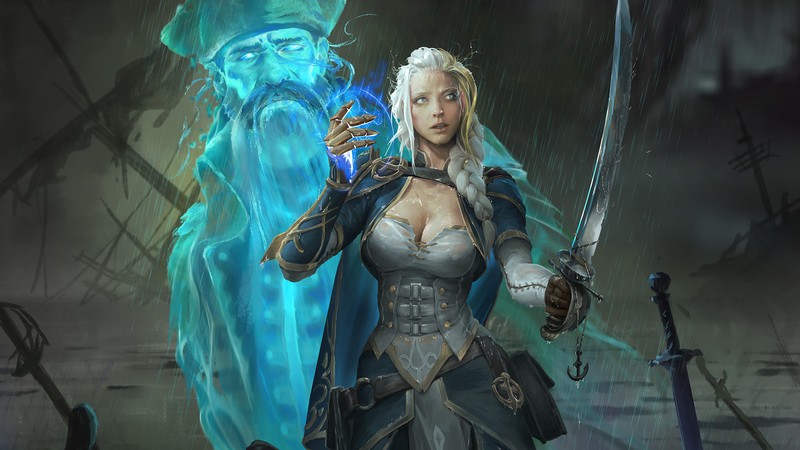 Женщина в синем платье держит меч и меч (джайна прудмур, jaina proudmoore, wow, world of warcraft битва за азерот, world of warcraft)