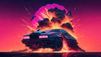 Carro esportivo retrô explosivo em arte digital flamejante