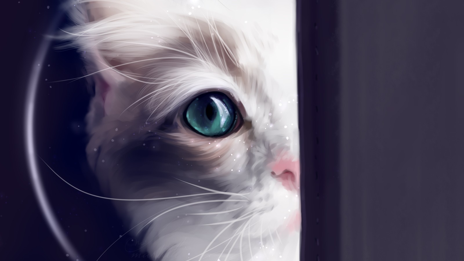 There is a white cat with green eyes looking out of a window (cat, kitten, whiskers, snout, art)