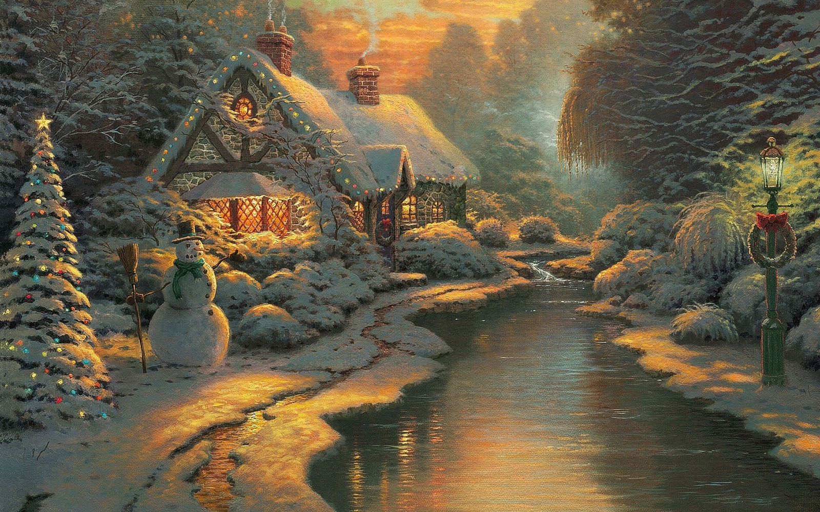 Una pintura de una aldea nevada con un arroyo y una casa. (pintura, arte, día de navidad, naturaleza, paisaje natural)