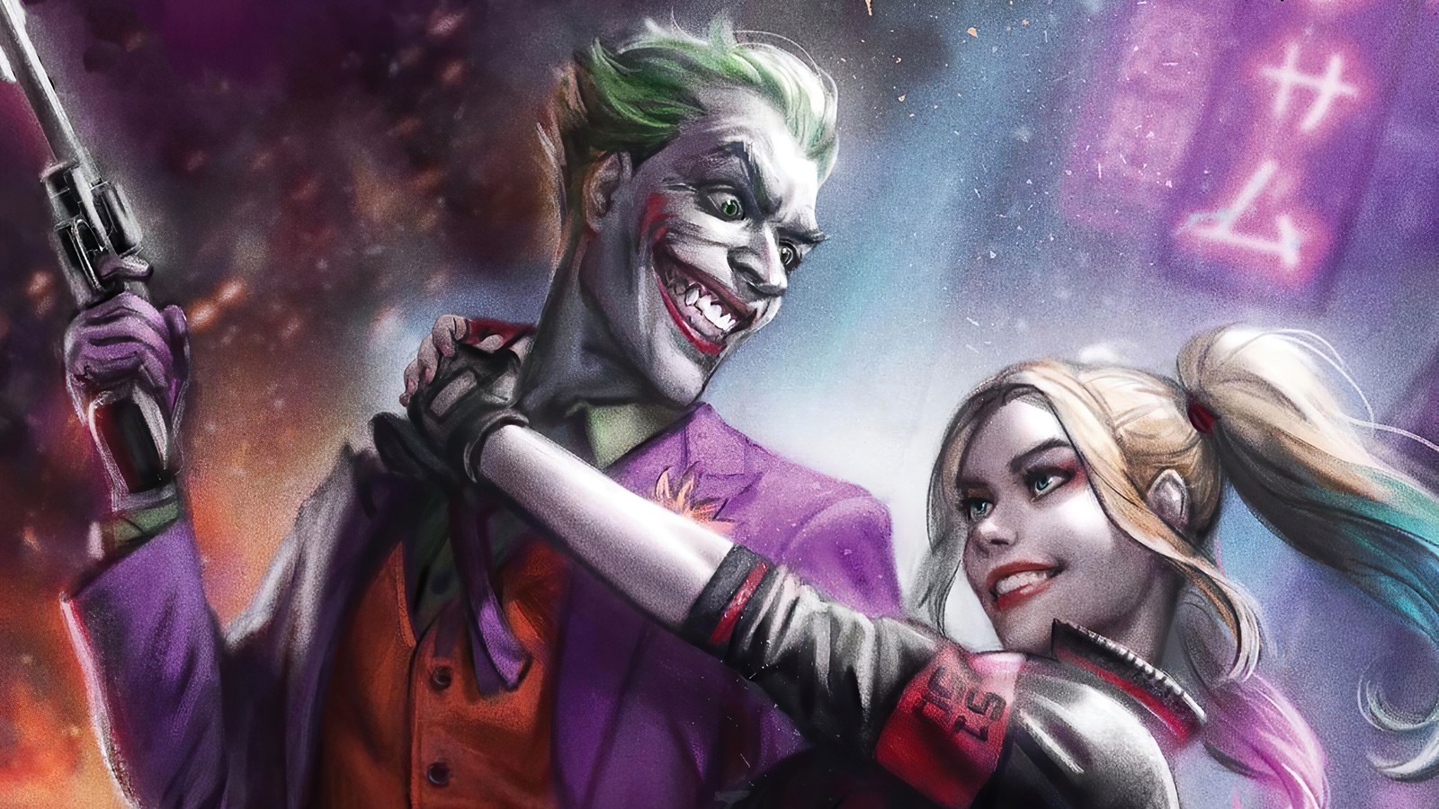 Рисунок двух шутов с оружием перед неоновым знаком (джокер, joker, harley quinn, dc comics, суперзлодей)