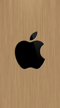 Schwarzes Apple-Logo auf einem strukturierten Holz-Hintergrund.