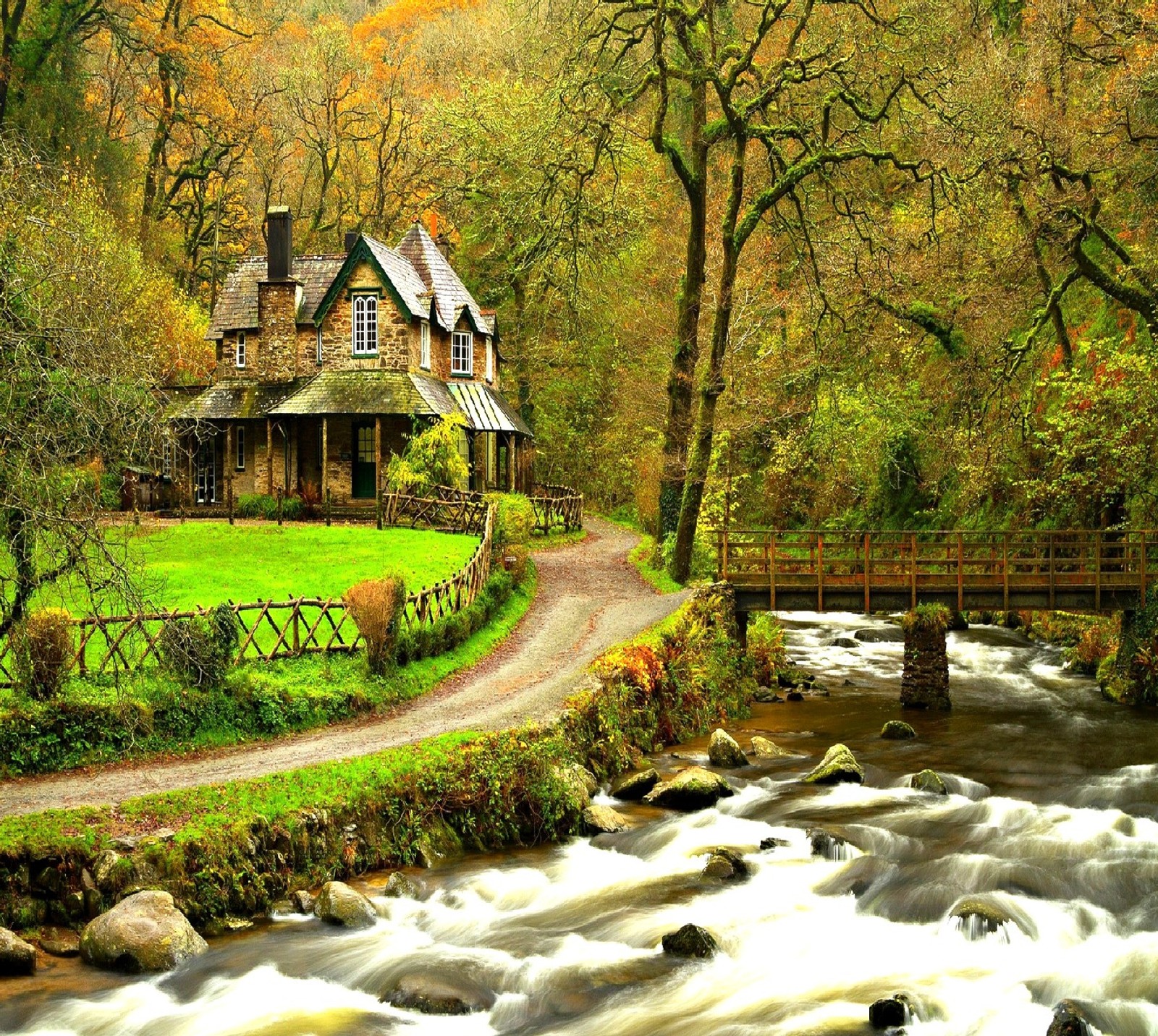 A close up of a house near a river with a bridge (nature)