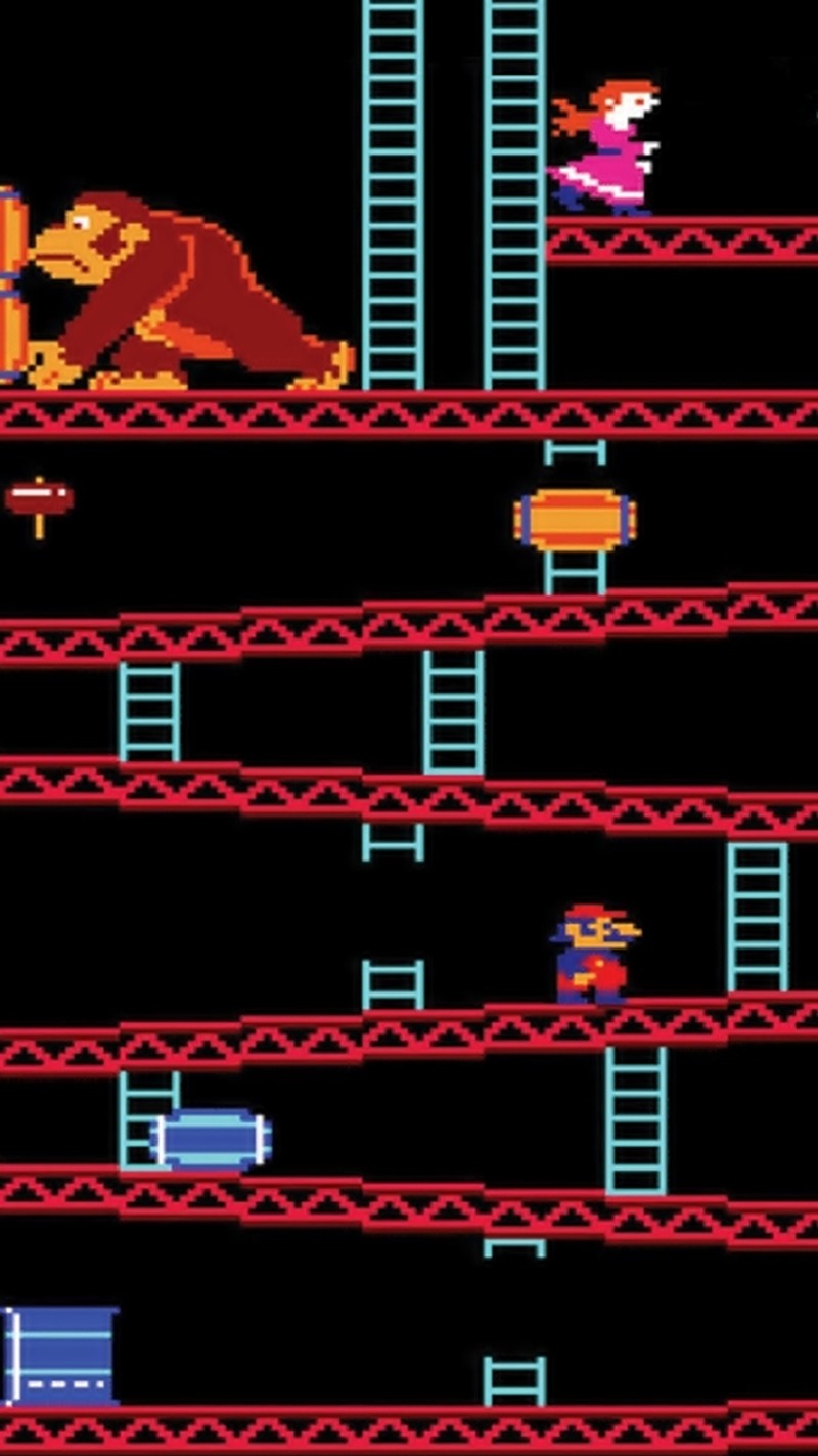 Скриншот видеоигры с ослом и мужчиной на лестнице (дк, dk, донки конг, donkey kong, mario)