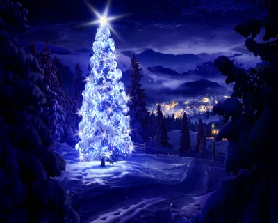 azul, natal, luzes, noite, neve