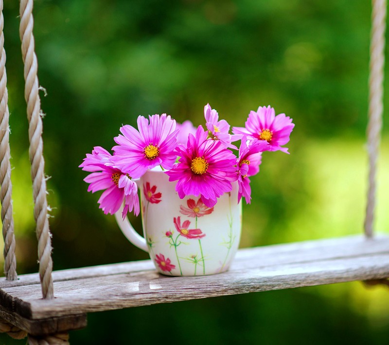 Há uma xícara com flores sentada em um balanço (np, xs)