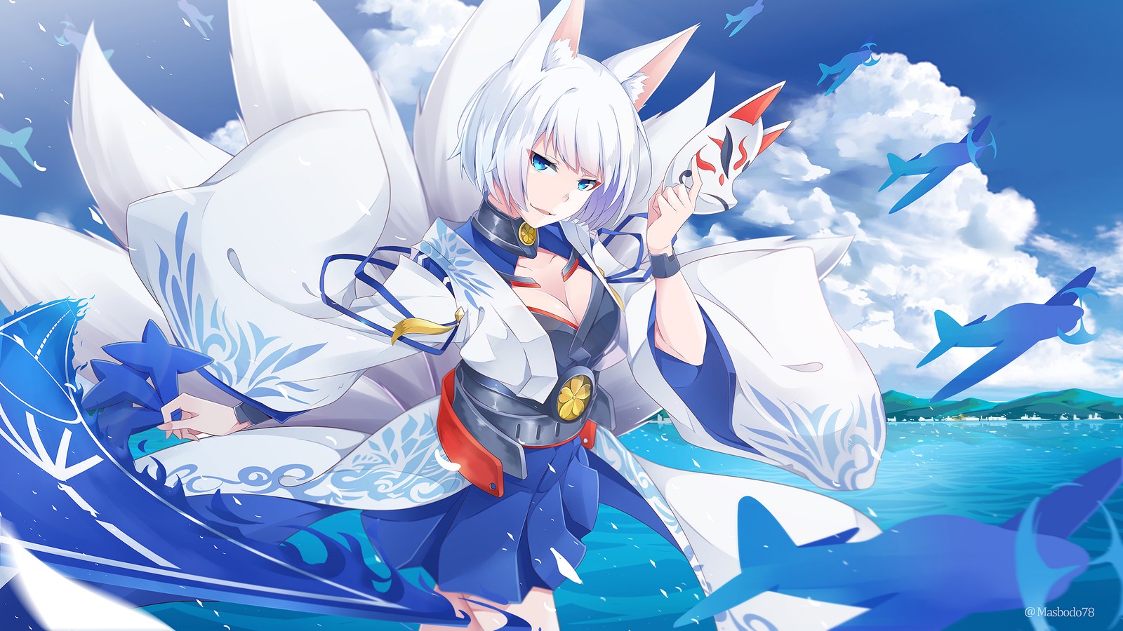 Eine frau in einem weißen kleid steht auf einem surfbrett (anime mädchen, azur lane, videospiel, kaga, anime)