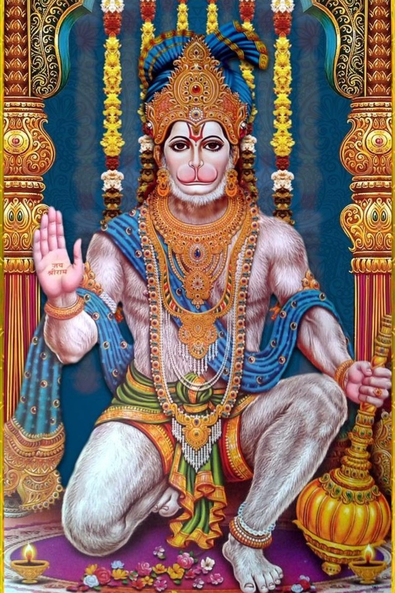 Картина индуистского бога, сидящего на троне (джай шри рам, jai sri ram, хануман, hanuman)