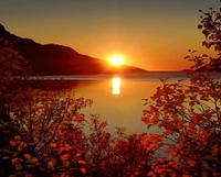 autumn, lake, mountain, red leaves, sunset