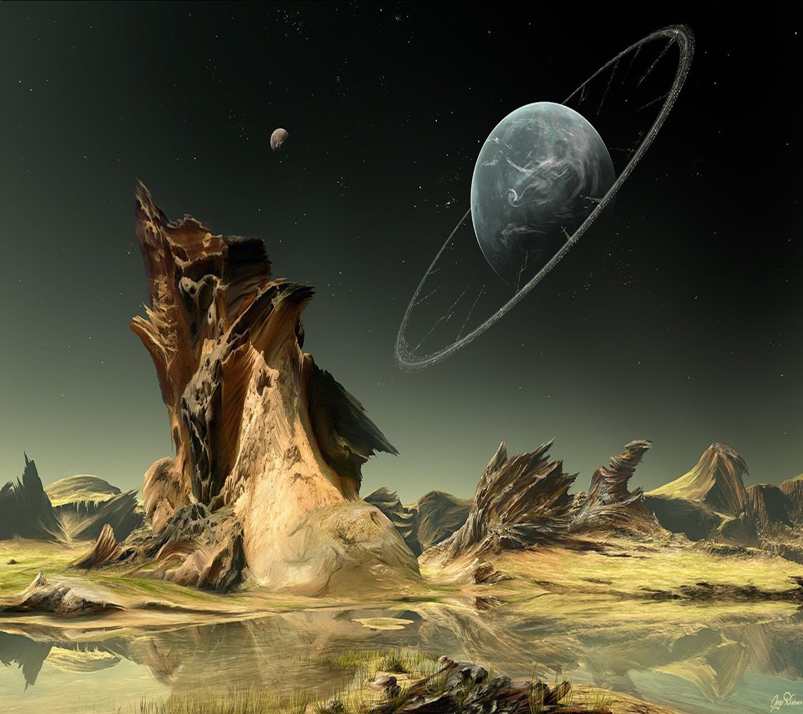 A close up of a very strange looking alien landscape with a planet in the background (naturaleza, paisajes, sprigamelvirus)