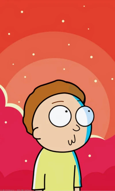 Morty dans un décor de coucher de soleil fantaisiste, capturant l'essence humoristique de 'Rick et Morty'.