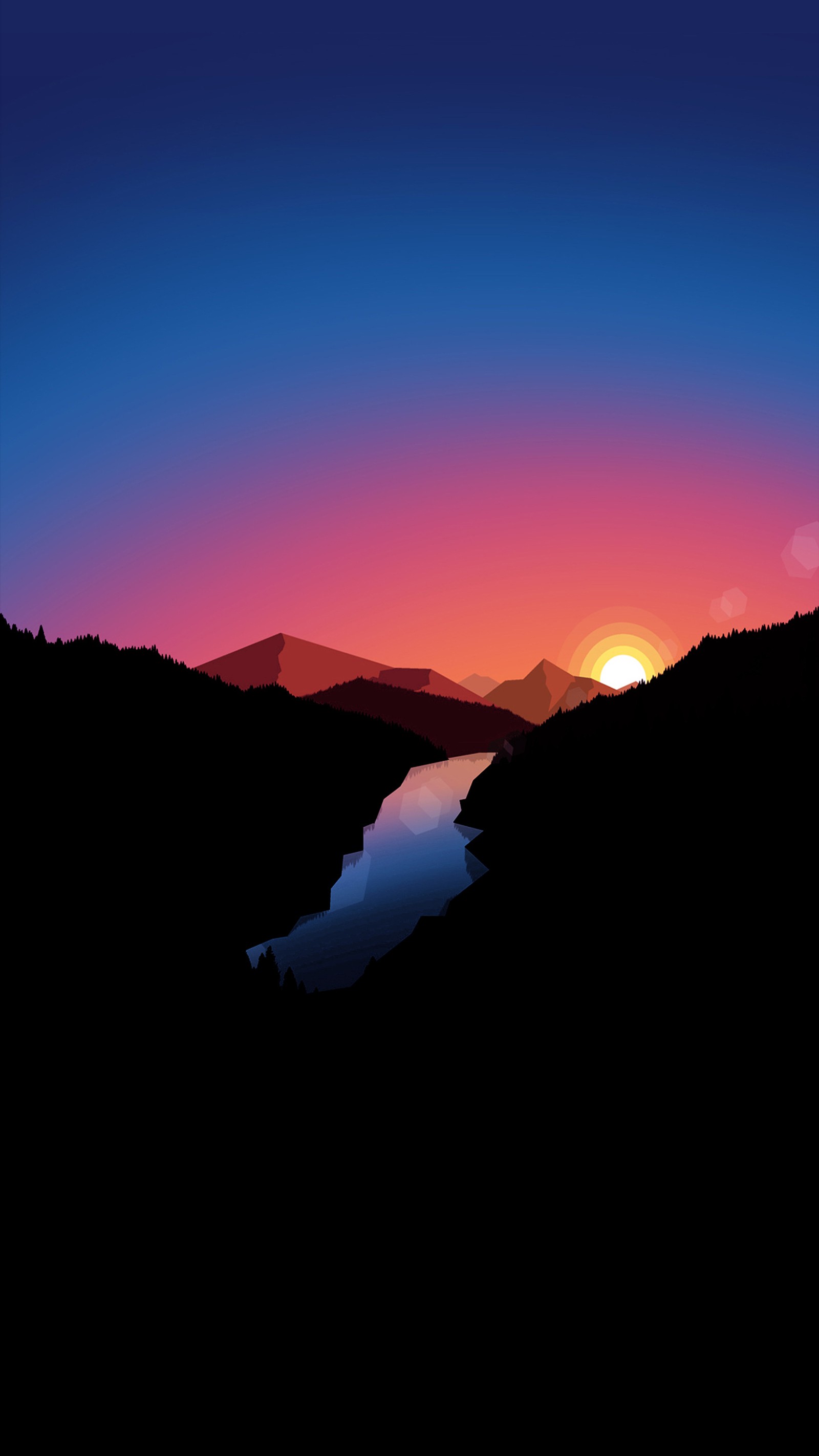 Sunset over a mountain range with a river in the foreground (amoled, battery saver, black, minimal, minimalist)