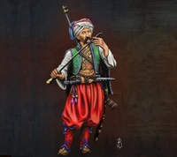 Soldat ottoman en tenue traditionnelle avec épée et mousquet