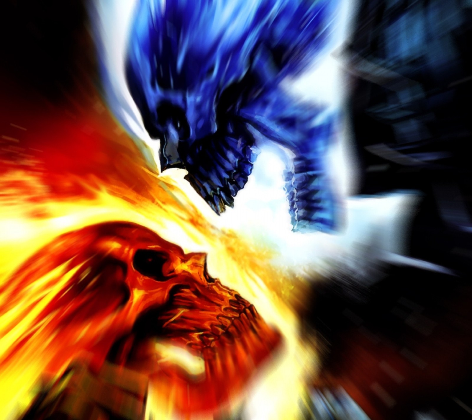 A close up of a fire and ice monster fighting each other (skull, vs skull)