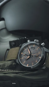 Stylische Chronograph-Uhr auf Militärstoff mit einem Helm im Hintergrund.