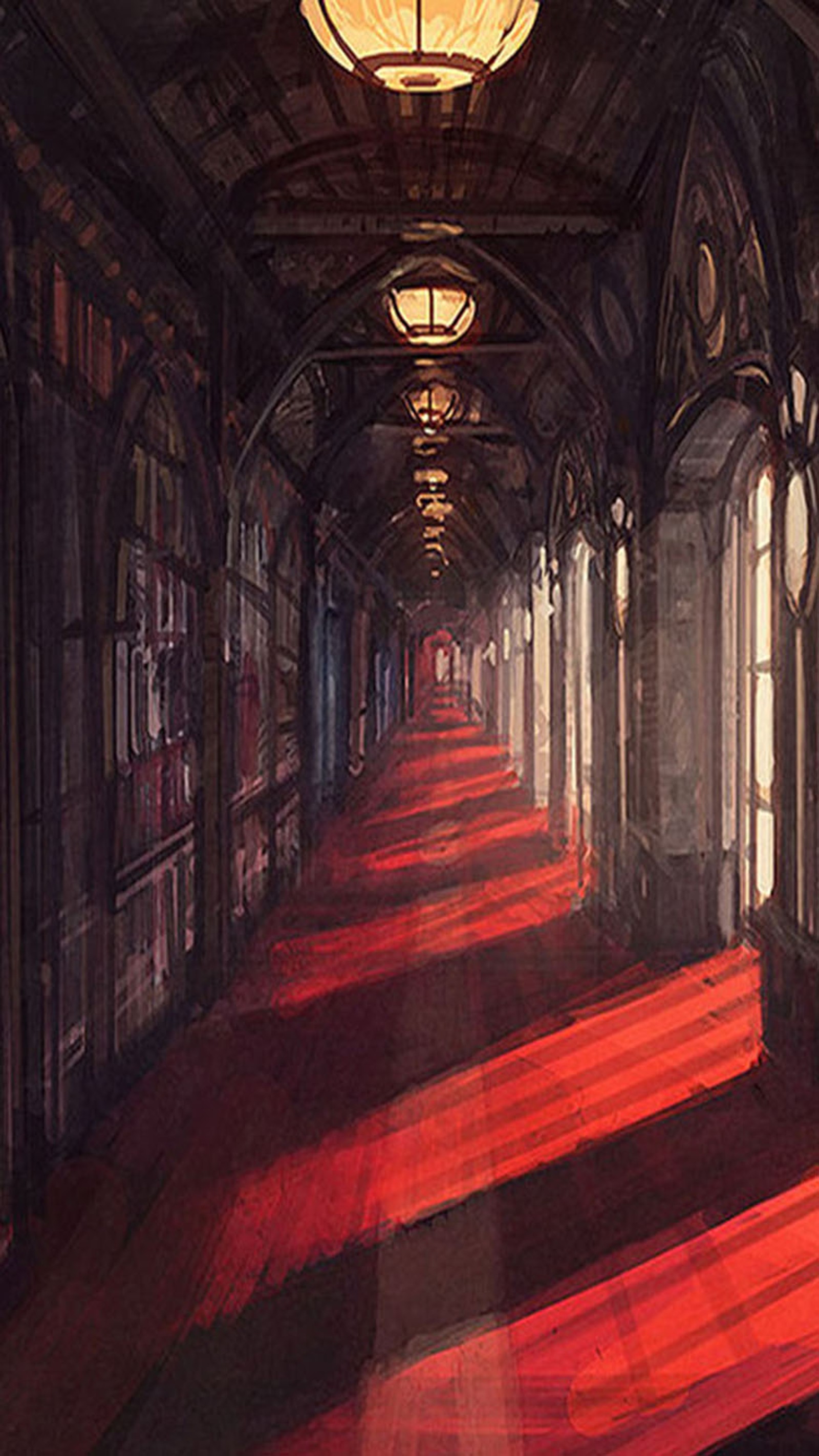 There is a long hallway with a clock on the wall (carpet, red)