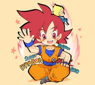 Chibi Goku en forma de Super Saiyan Dios con expresión juguetona y colores vibrantes.