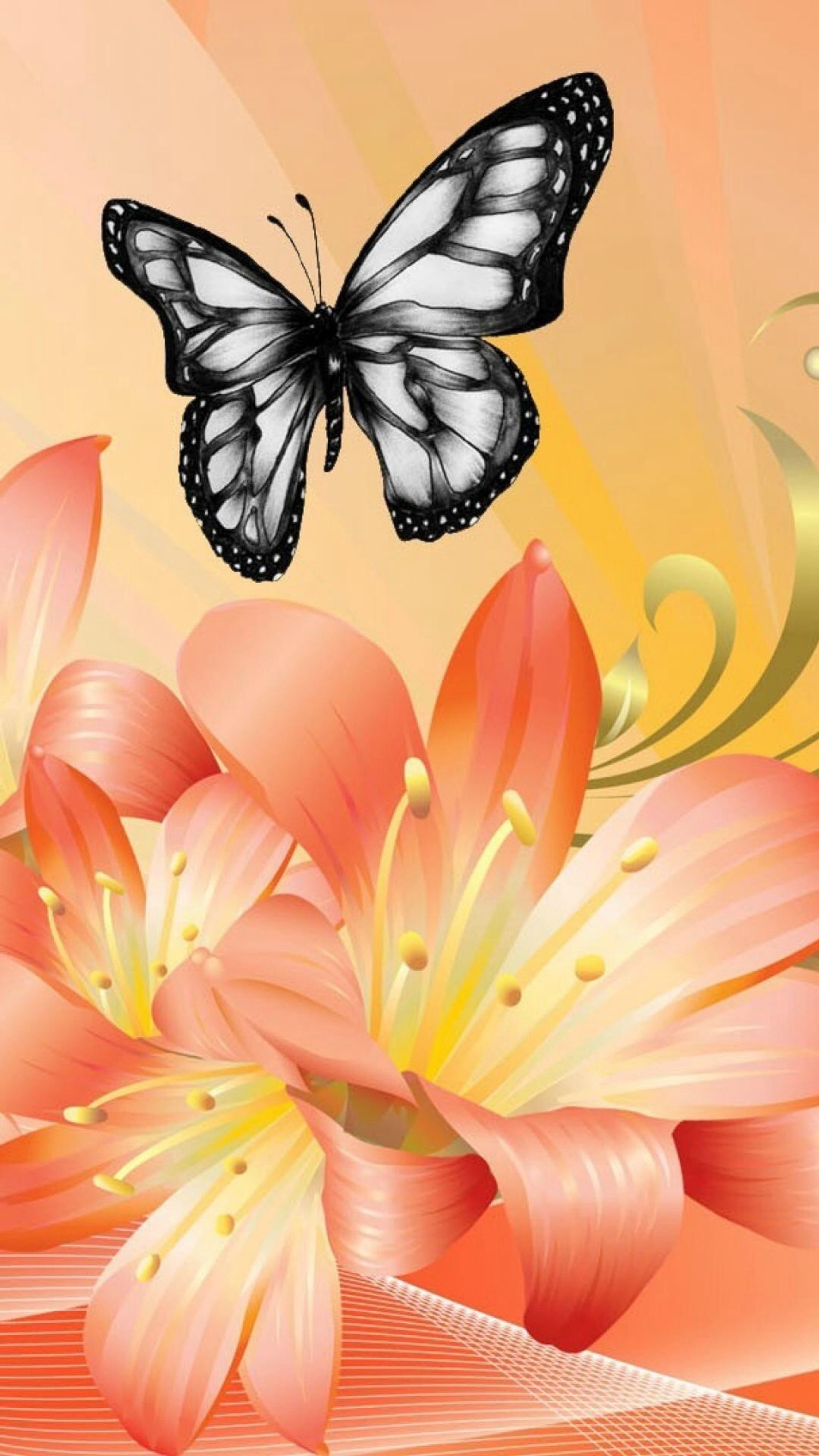 Butterflies and lilies on a pink background with a butterfly flying over them (and flower, butterfly)