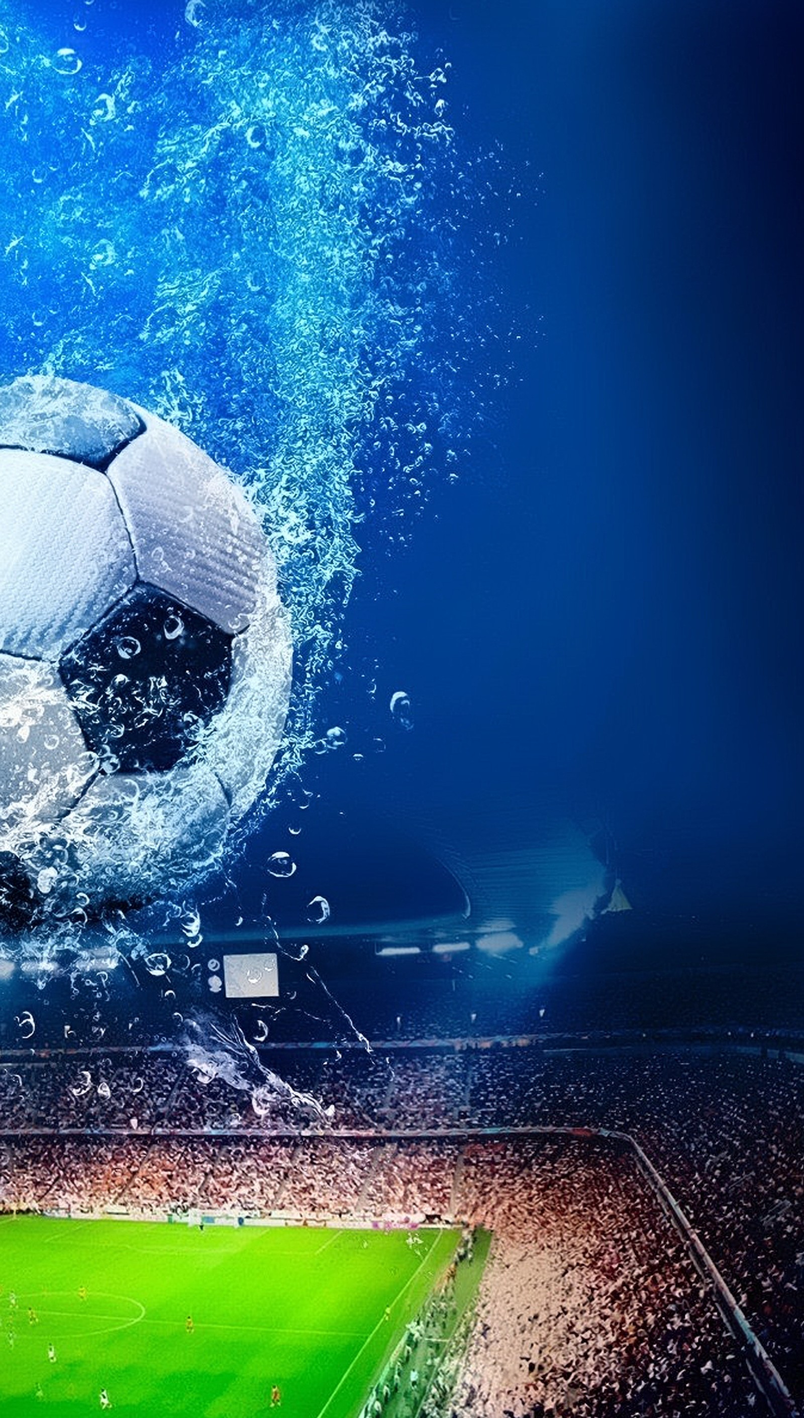 Araffe soccer ball in the air with water splashing from it (arena, crowd, football, soccer, sport)