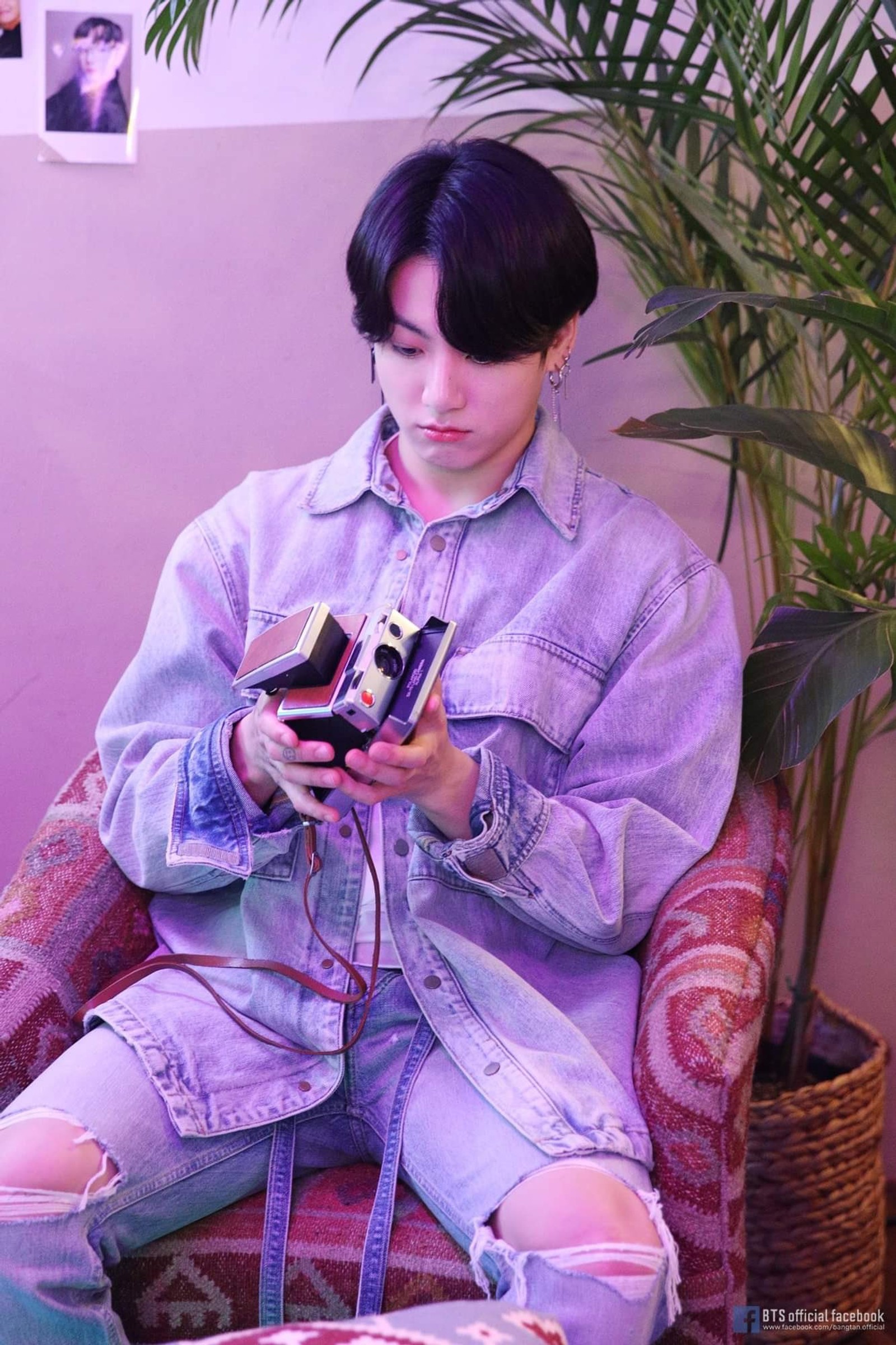 Un animal aráfede assis sur une chaise avec un appareil photo et une plante (bangtan, bts, bts jungkook, jungkook, jungkook wallpapers)