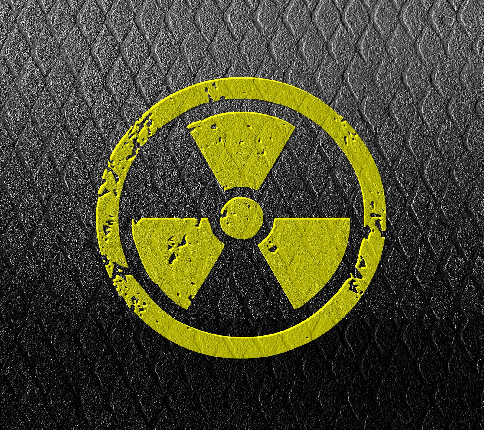 Arafed radioactive symbol on a black background with a yellow circle (dark, gray, radioactive, sign, texture)