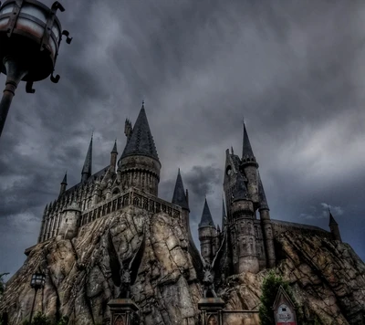 Castelo de Hogwarts contra um céu dramático