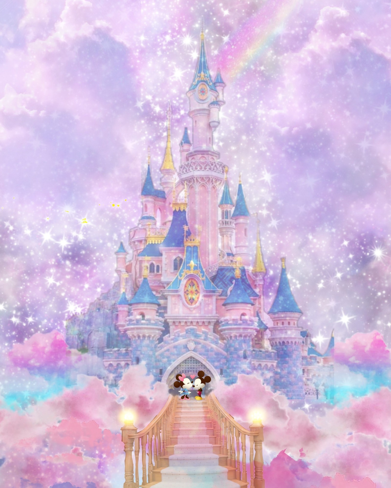 A close up of a castle with a rainbow in the sky (disney, mickey and minnie)