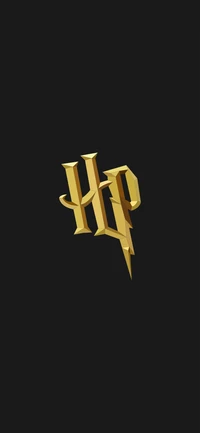 Logotipo dourado "HP" com um raio em um fundo escuro.